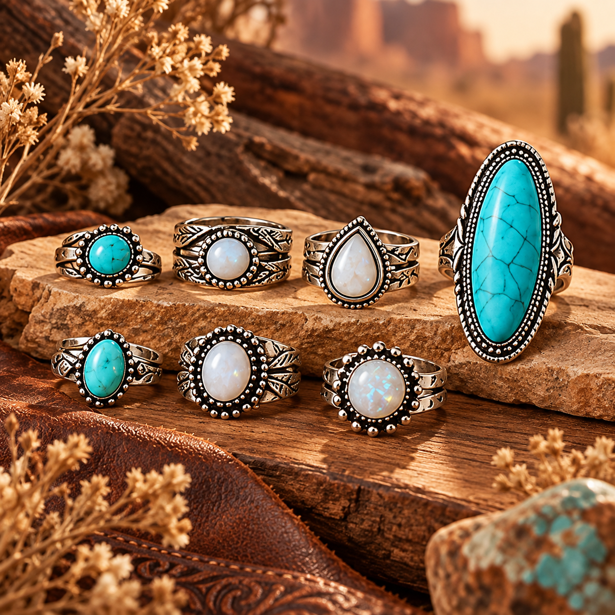 Turquoise ring set styled with leather wood stone and desert-inspired elements