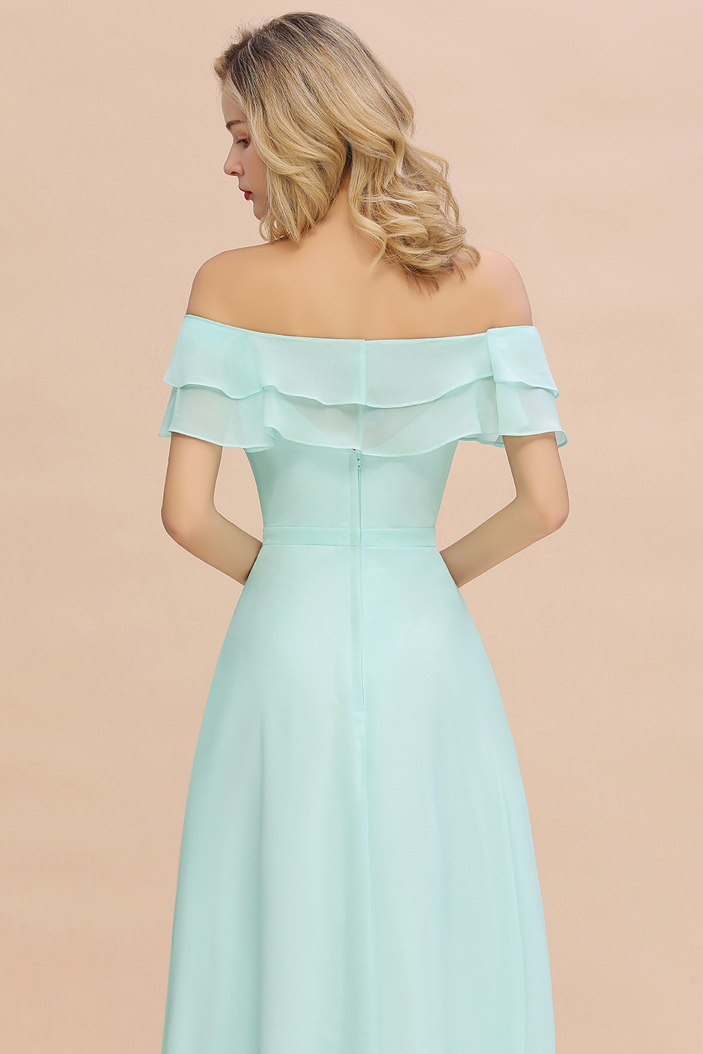 Off-the-Shoulder Front Slit Mint Green Long Bridesmaid Dress