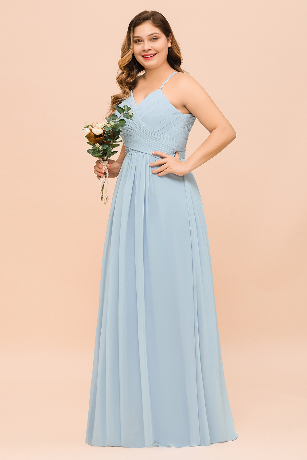 Plus Size Long A-line V-neck Spaghetti Straps Chiffon Sky Blue Bridesmaid Dresses