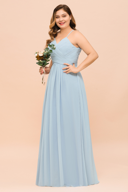 Plus Size Long A-line V-neck Spaghetti Straps Chiffon Sky Blue Bridesmaid Dresses