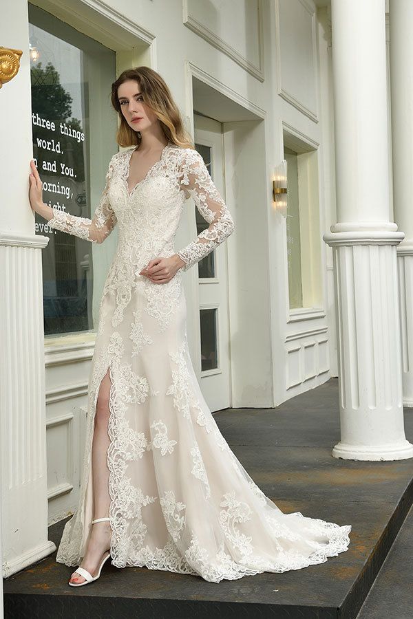 Elegant V-Neck Long Sleeve Satin Lace Mermaid Wedding Dress