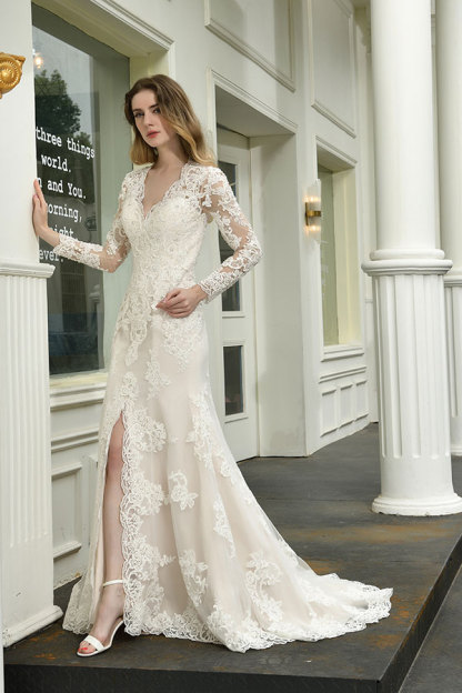 Elegant V-Neck Long Sleeve Satin Lace Mermaid Wedding Dress