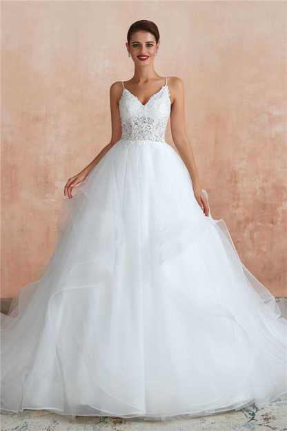Long Sweetheart Appliques Lace Tulle A-line Wedding Dress