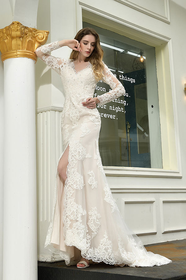 Elegant V-Neck Long Sleeve Satin Lace Mermaid Wedding Dress