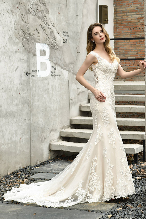 Elegant Long V-neck Mermaid Satin Lace Open Back Wedding Dress
