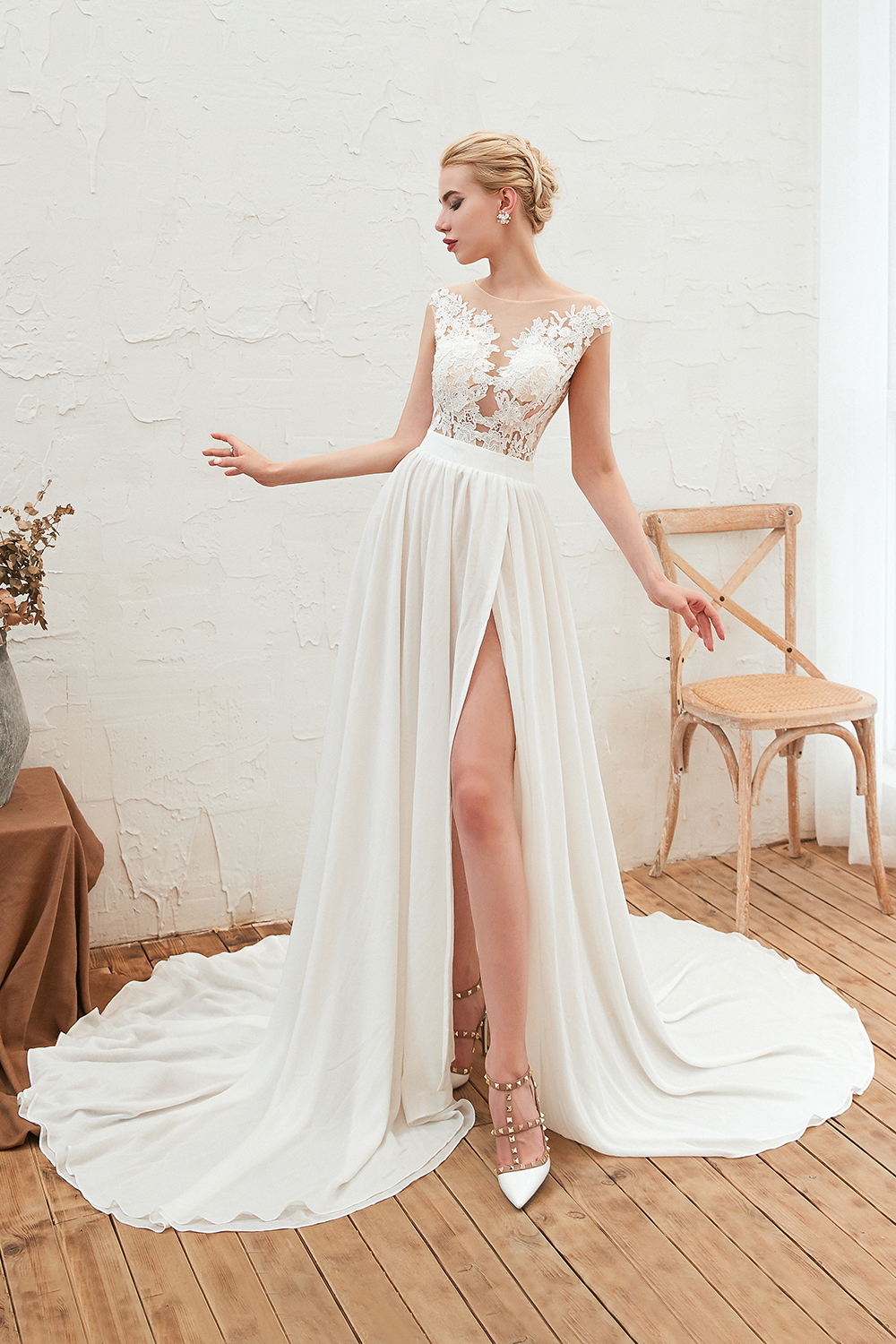 Long Bateau Appliques Lace A-line Chiffon Ruffles Wedding Dress With Side Slit
