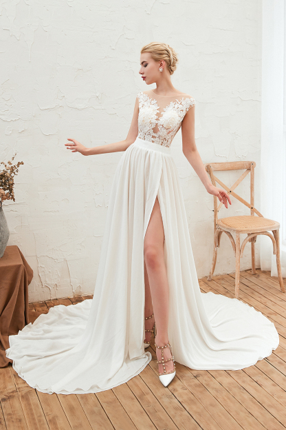 Long Bateau Appliques Lace A-line Chiffon Ruffles Wedding Dress With Side Slit