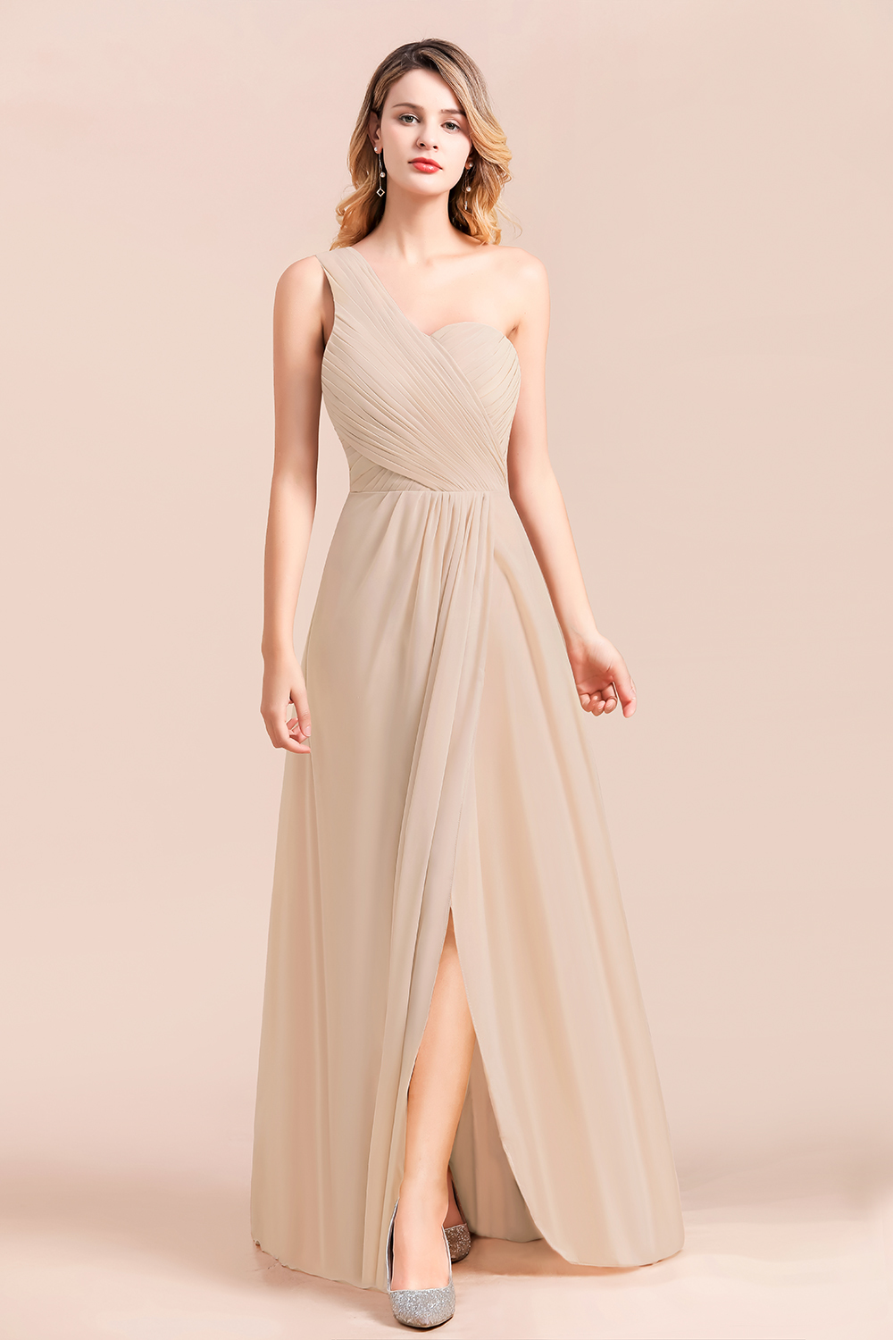 Simple One Sholder Wedding Guest Dress A-Line Chiffon Bridesmaid Dress With Side Slit