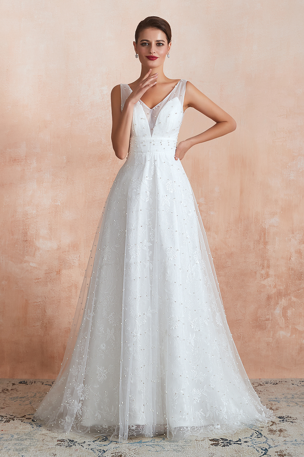 Elegant Long V-neck Tulle A-line White Wedding Dress