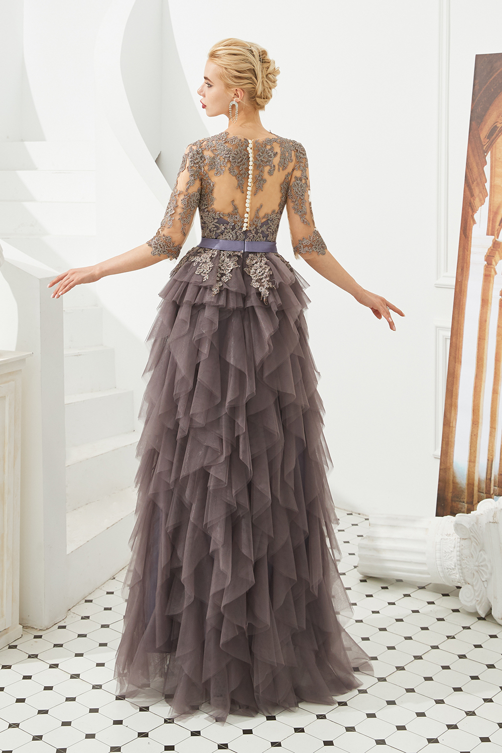 Fabulous Long A-line Jewel Tulle Lace Tulle Prom Dress with Sleeves