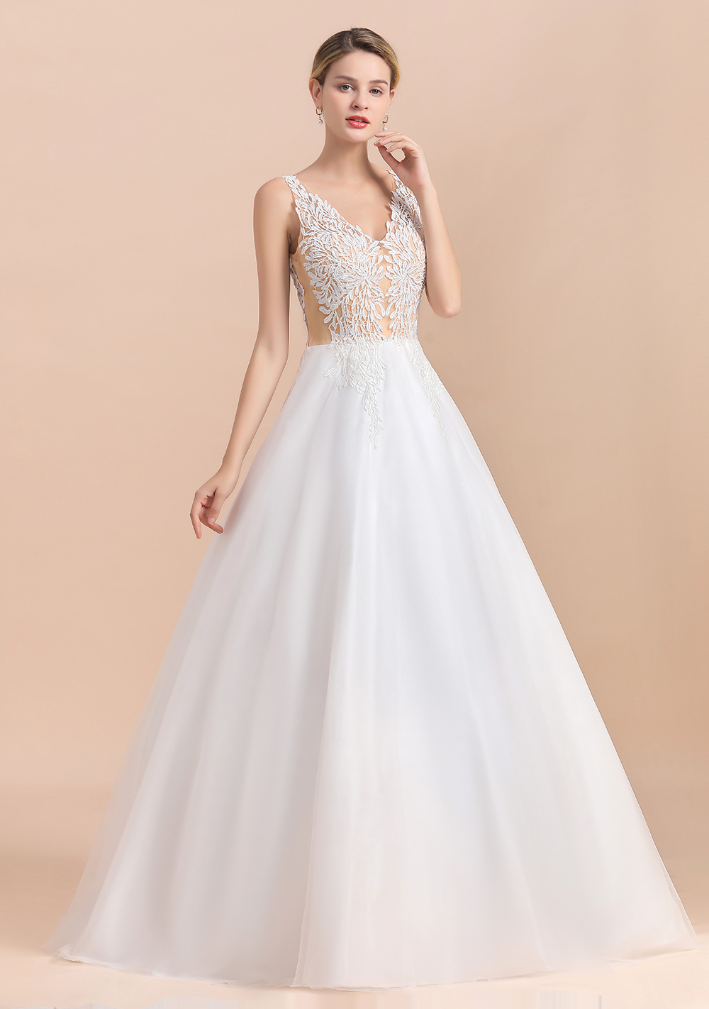 Long A-line Straps Tulle Appliques V-Neck Lace Boho Wedding Dress