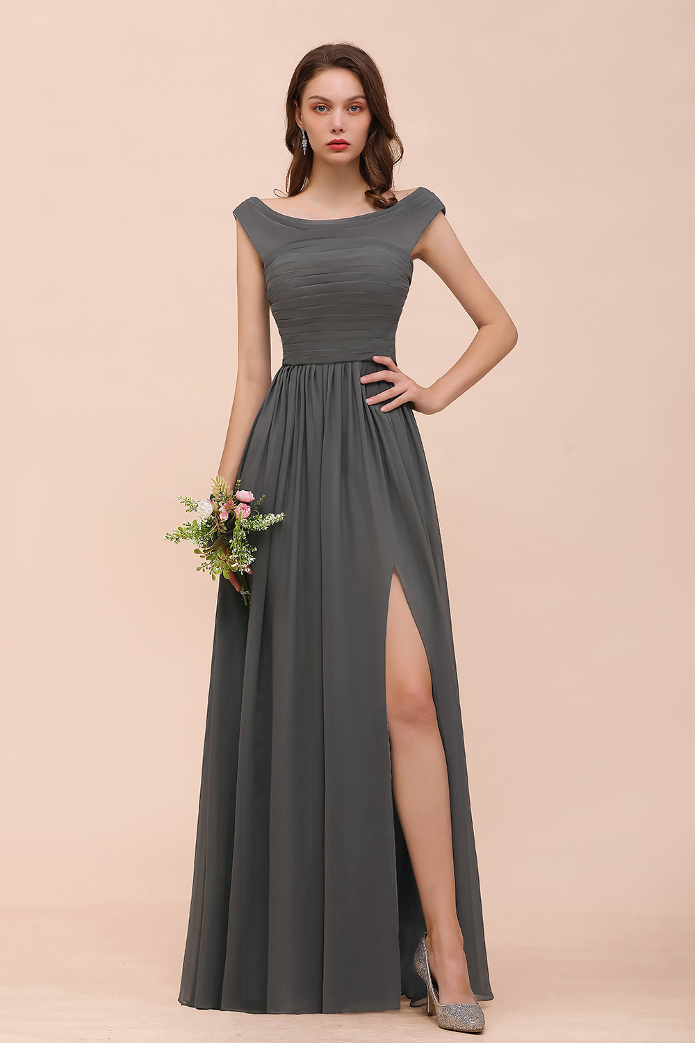 Long A-line Off-the-shoulder Ruffle Steel Grey Bridesmaid Dress with Slit