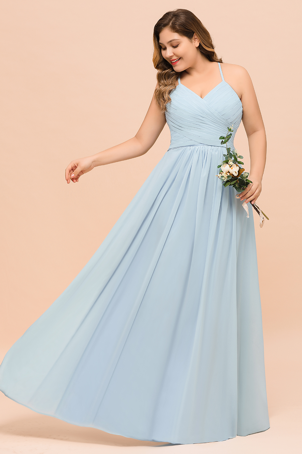 Plus Size Long A-line V-neck Spaghetti Straps Chiffon Sky Blue Bridesmaid Dresses