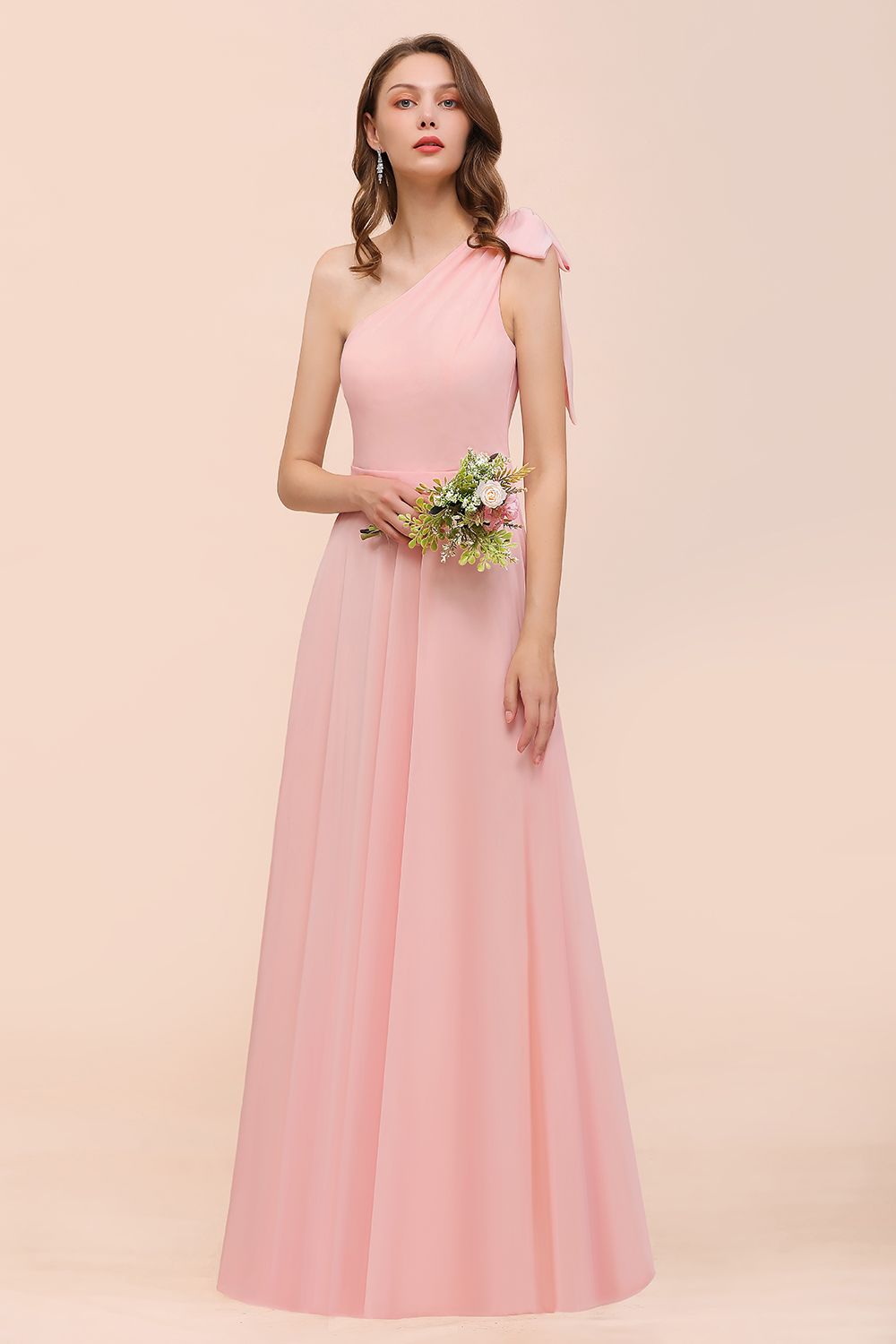 Pink One Shoulder A-Line Soft Chiffon Floor-length Bridesmaid Dress With Bowknot