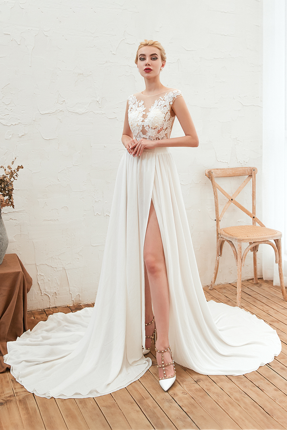 Long Bateau Appliques Lace A-line Chiffon Ruffles Wedding Dress With Side Slit