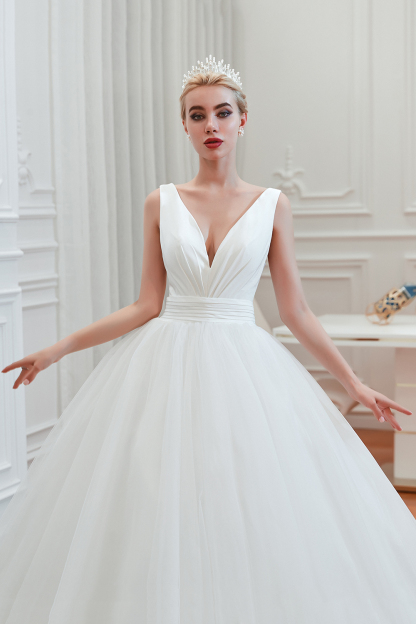 Long A-Line Tulle Wide Straps Deep V-neck Floor-length Wedding Dress