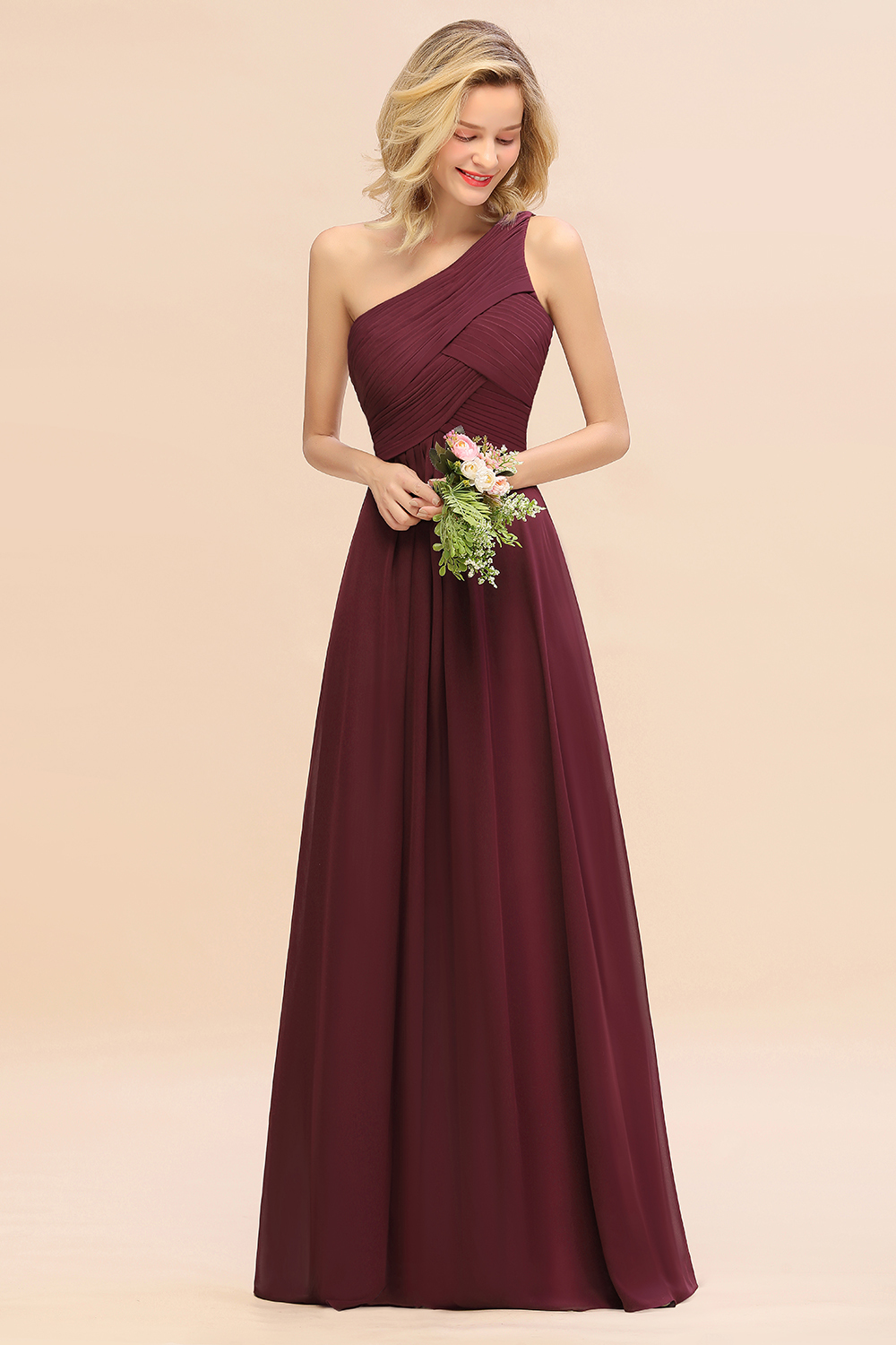 Elegant Burgundy A-line Chiffon Ruffles One Shoulder Long Bridesmaid D