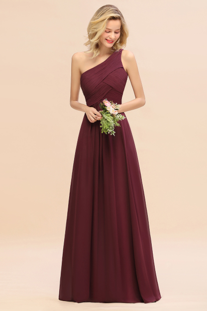 Elegant Burgundy A-line Chiffon Ruffles One Shoulder Long Bridesmaid Dress