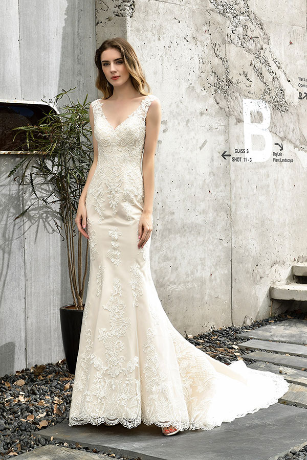 Elegant Long V-neck Mermaid Satin Lace Open Back Wedding Dress