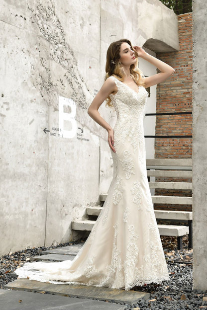 Elegant Long V-neck Mermaid Satin Lace Open Back Wedding Dress