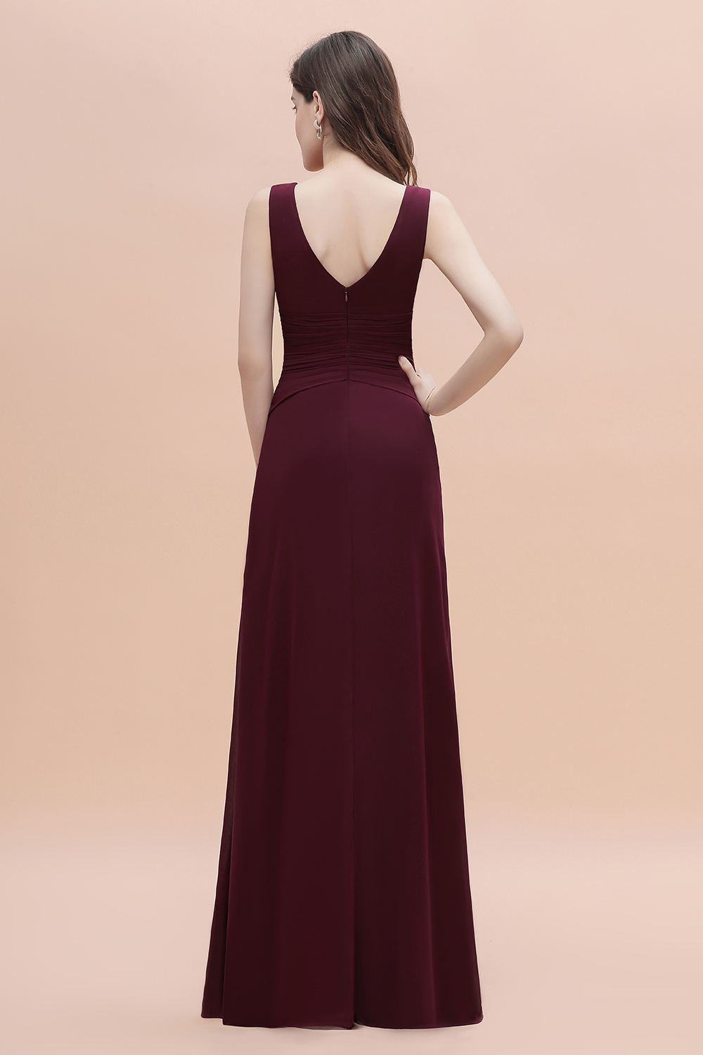Burgundy Bateau A-Line Backless Ruched Chiffon Bridesmaid Dress With Split