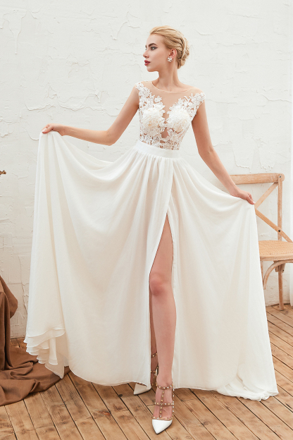 Long Bateau Appliques Lace A-line Chiffon Ruffles Wedding Dress With Side Slit