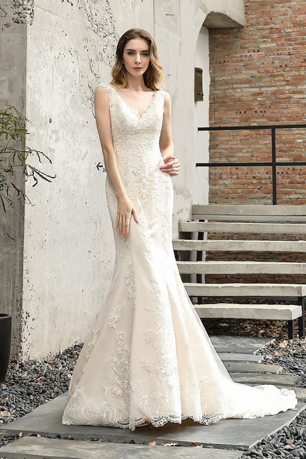 Elegant Long V-neck Mermaid Satin Lace Open Back Wedding Dress