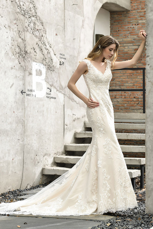 Elegant Long V-neck Mermaid Satin Lace Open Back Wedding Dress