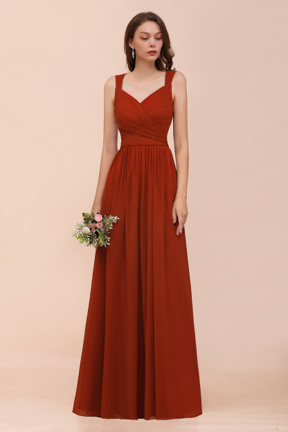 New Long A-line Sweetheart Straps Ruffle Rust Chiffon Bridesmaid Dress