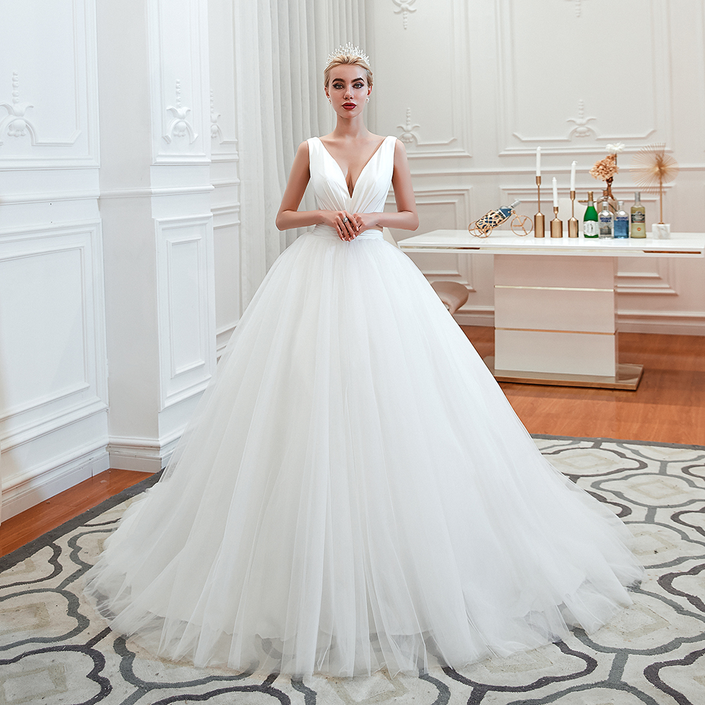 Long A-Line Tulle Wide Straps Deep V-neck Floor-length Wedding Dress