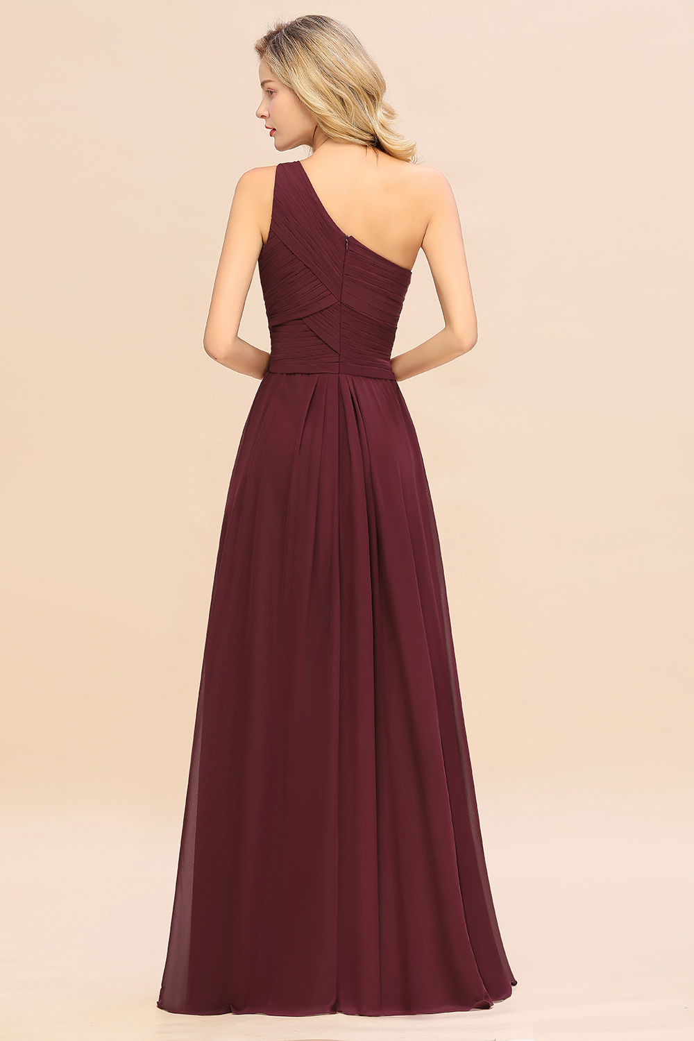 Elegant Burgundy A-line Chiffon Ruffles One Shoulder Long Bridesmaid Dress