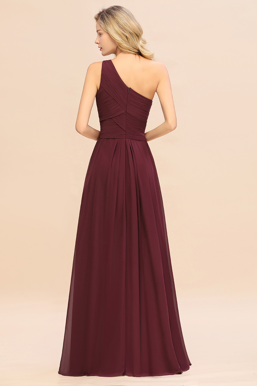 Elegant Burgundy A-line Chiffon Ruffles One Shoulder Long Bridesmaid Dress