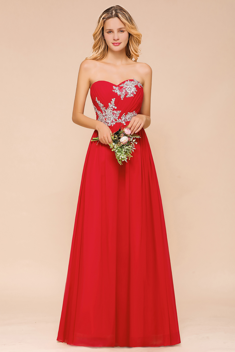 Vintage A-line Strapless Floor-length Chiffon Bridesmaid Dress With Appliques