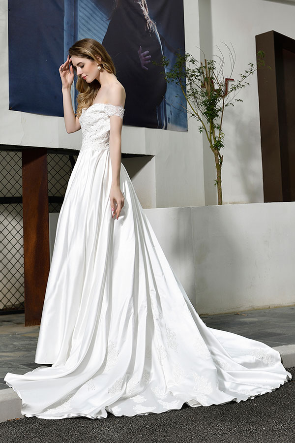 Long A-line Off the Shoulder Appliques Lace Satin Wedding Dress