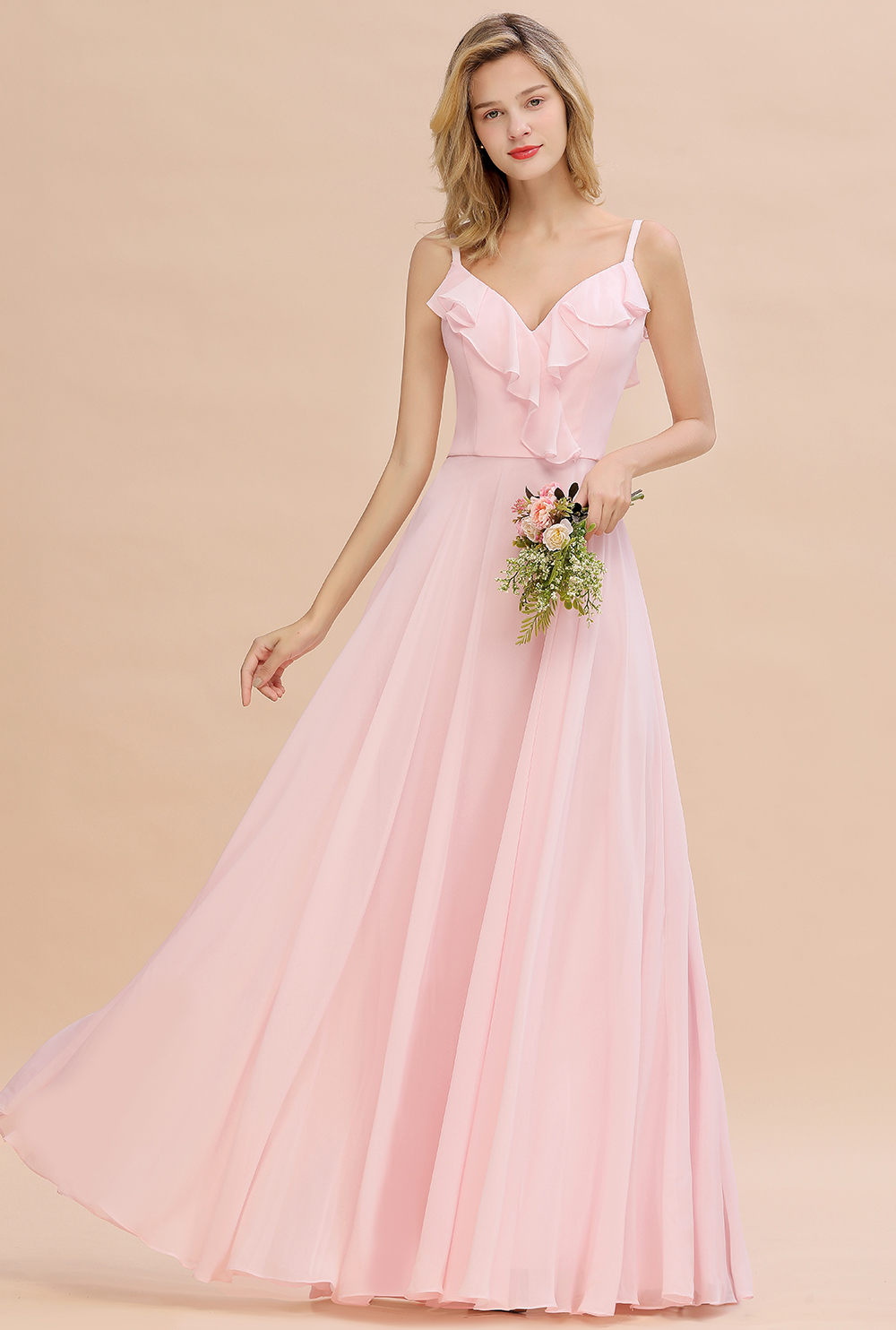 Stylish Straps V-neck A-line Long Chiffon Bridesmaid Dress  BabyonlineDress