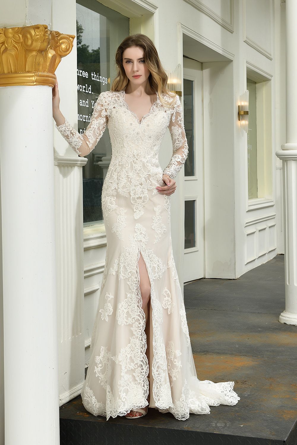Elegant V-Neck Long Sleeve Satin Lace Mermaid Wedding Dress