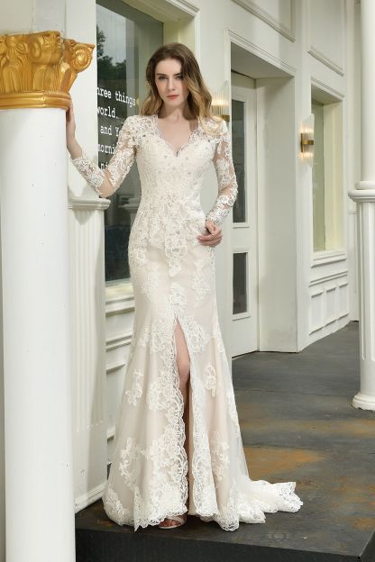 Elegant V-Neck Long Sleeve Satin Lace Mermaid Wedding Dress