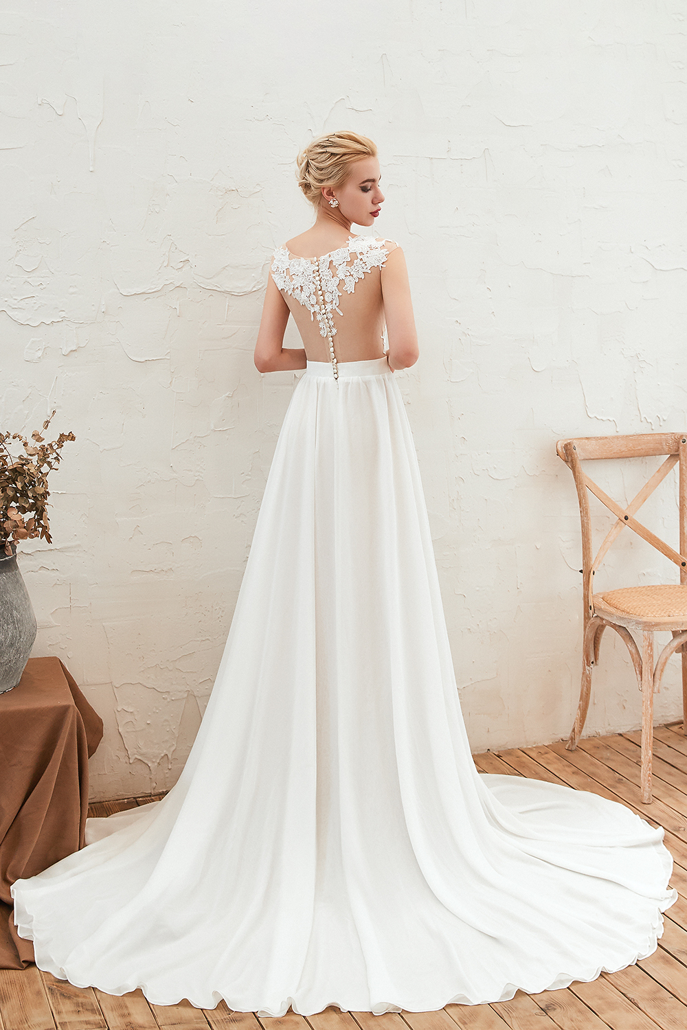 Long Bateau Appliques Lace A-line Chiffon Ruffles Wedding Dress With Side Slit