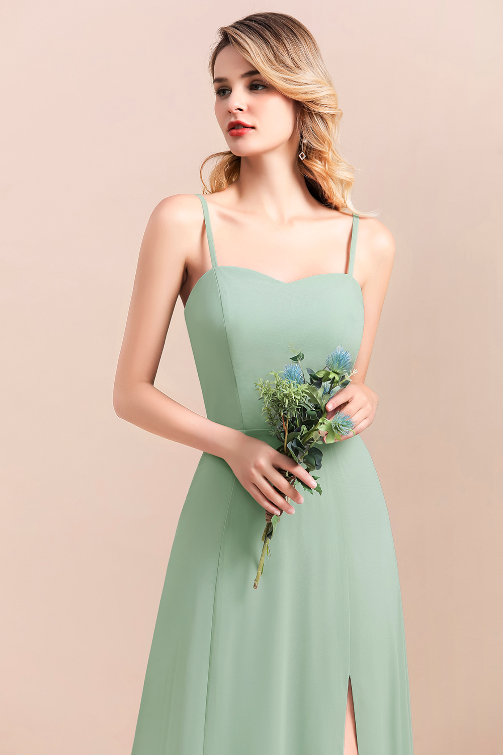 Romantic Sage Garden Dress Spaghetti Straps A-Line Chiffon Bridesmaid Dress With Side Slit
