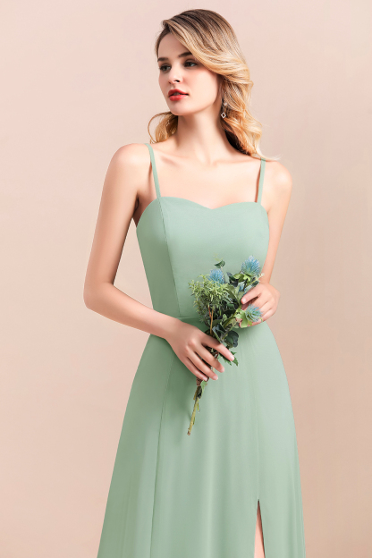 Romantic Sage Garden Dress Spaghetti Straps A-Line Chiffon Bridesmaid Dress With Side Slit