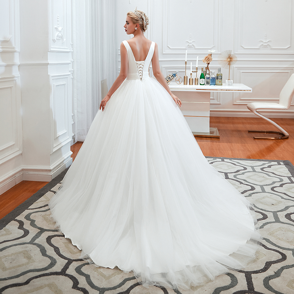 Long A-Line Tulle Wide Straps Deep V-neck Floor-length Wedding Dress