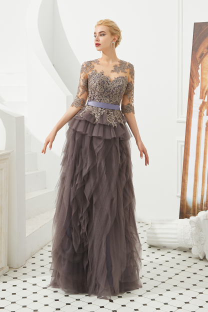 Fabulous Long A-line Jewel Tulle Lace Tulle Prom Dress with Sleeves