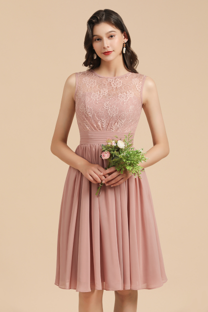 Simple Lace Straps Knee Length Short Bridesmaid Dress