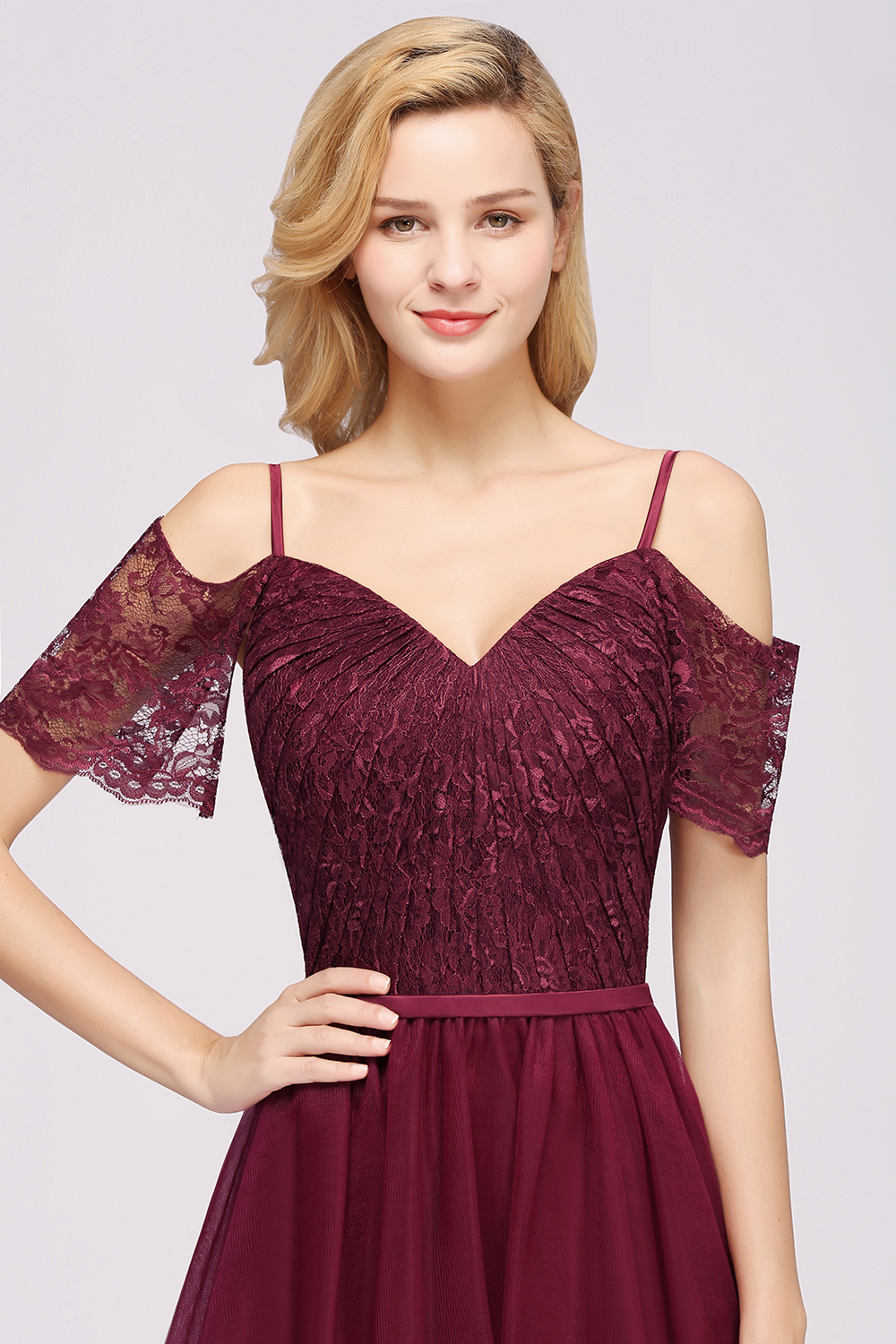 A-Line Chiffon Lace Sweetheart Spaghetti Straps Short-Sleeves Floor-Length Bridesmaid Dresses with Ruffles