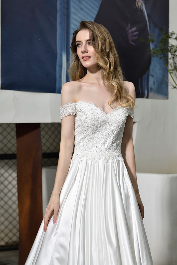 Long A-line Off the Shoulder Appliques Lace Satin Wedding Dress