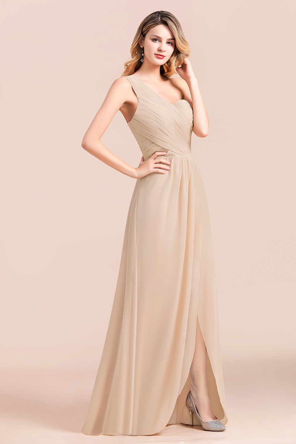 Simple One Sholder Wedding Guest Dress A-Line Chiffon Bridesmaid Dress With Side Slit