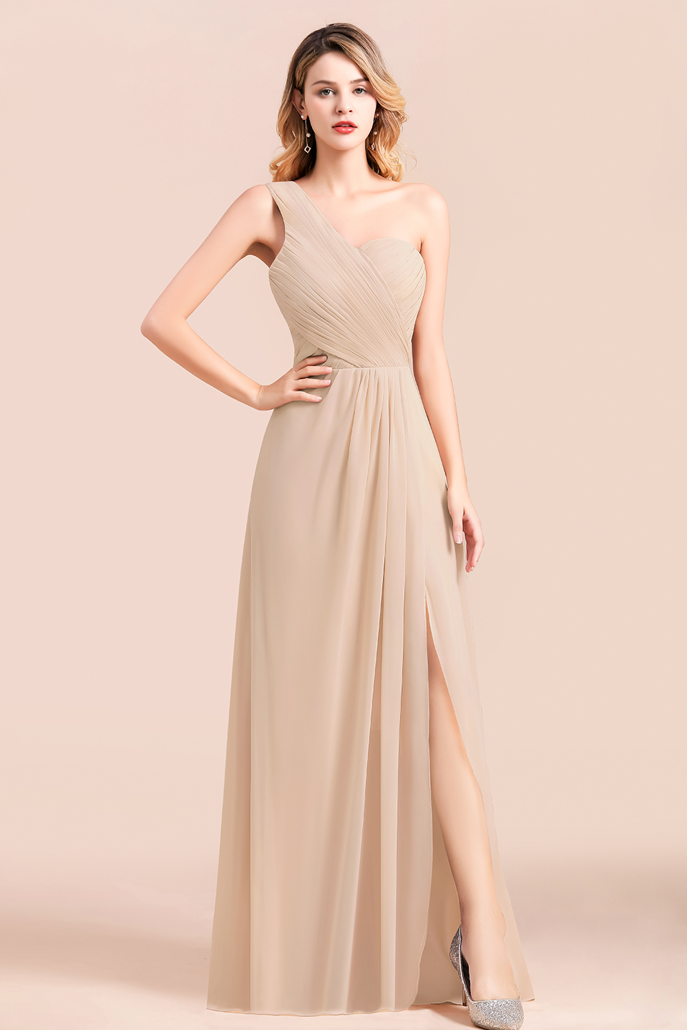 Simple One Sholder Wedding Guest Dress A-Line Chiffon Bridesmaid Dress With Side Slit