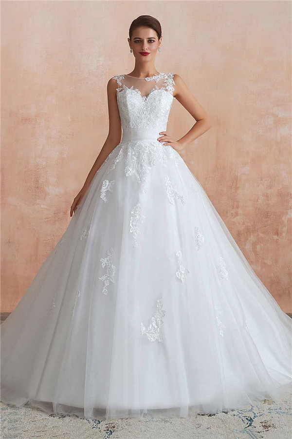 Long Ball Gown Appliques Lace Tulle Wedding Dress