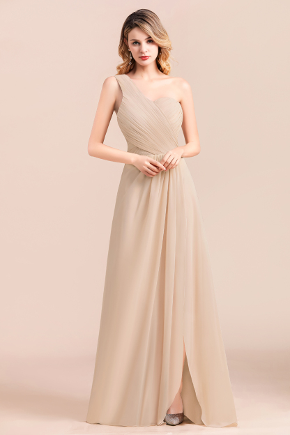 Simple One Sholder Wedding Guest Dress A-Line Chiffon Bridesmaid Dress With Side Slit