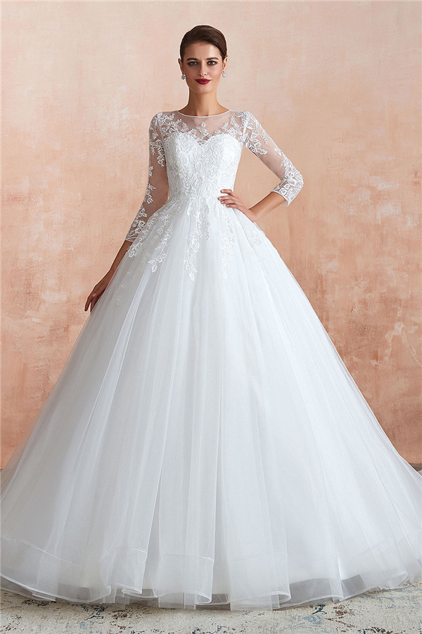 Elegant Long Ball Gown Appliques Lace Tulle Wedding Dress